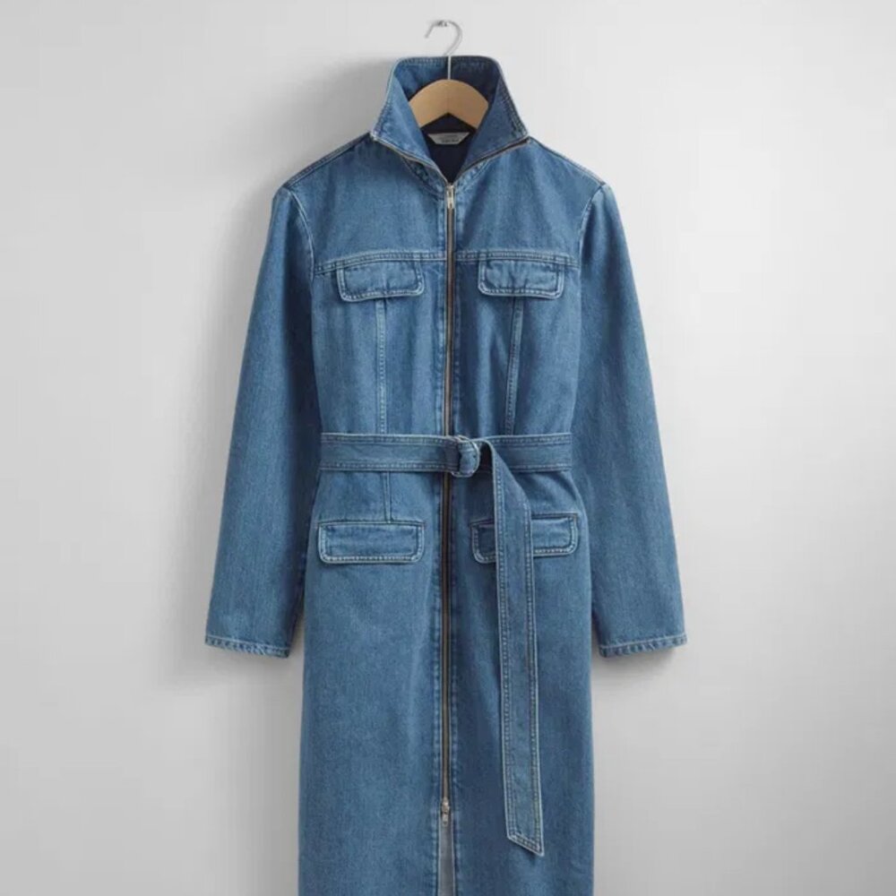 & Other Stories Belted Utility Midi Dress in Blue Denim size 12